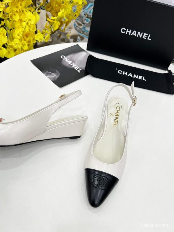 2025 Women Chanel White Black Leather Slingback Flats