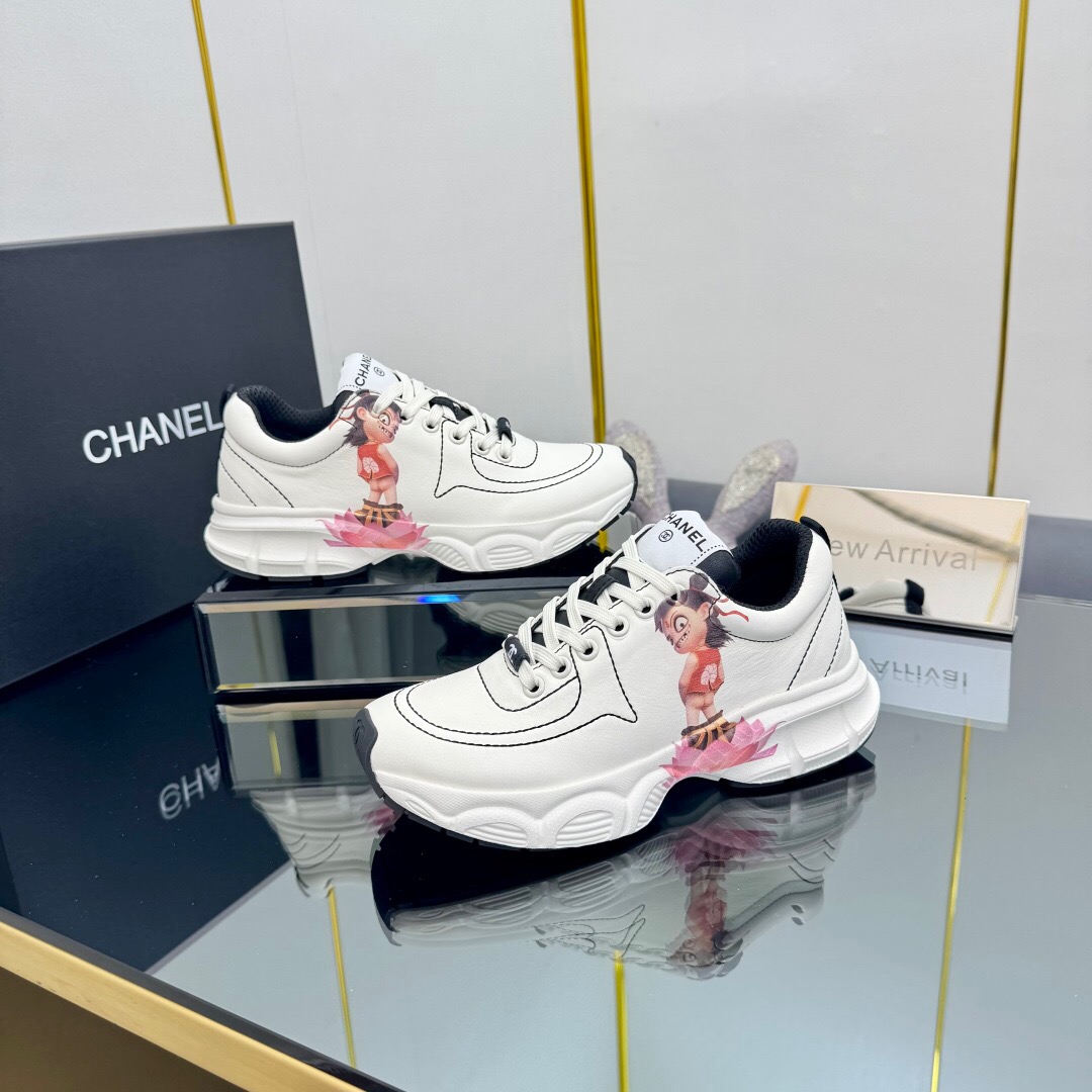 2025 Women Chanel White Leather Sneakers Nezha Pattern