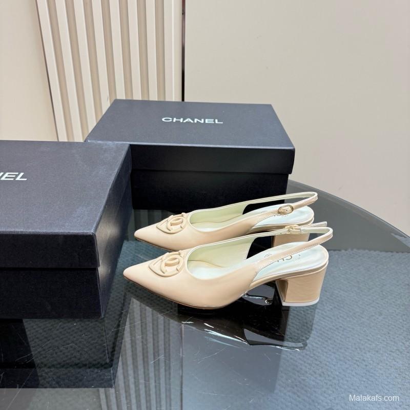 2025 Women Chanel Beige Patent Leather Slingback Heels