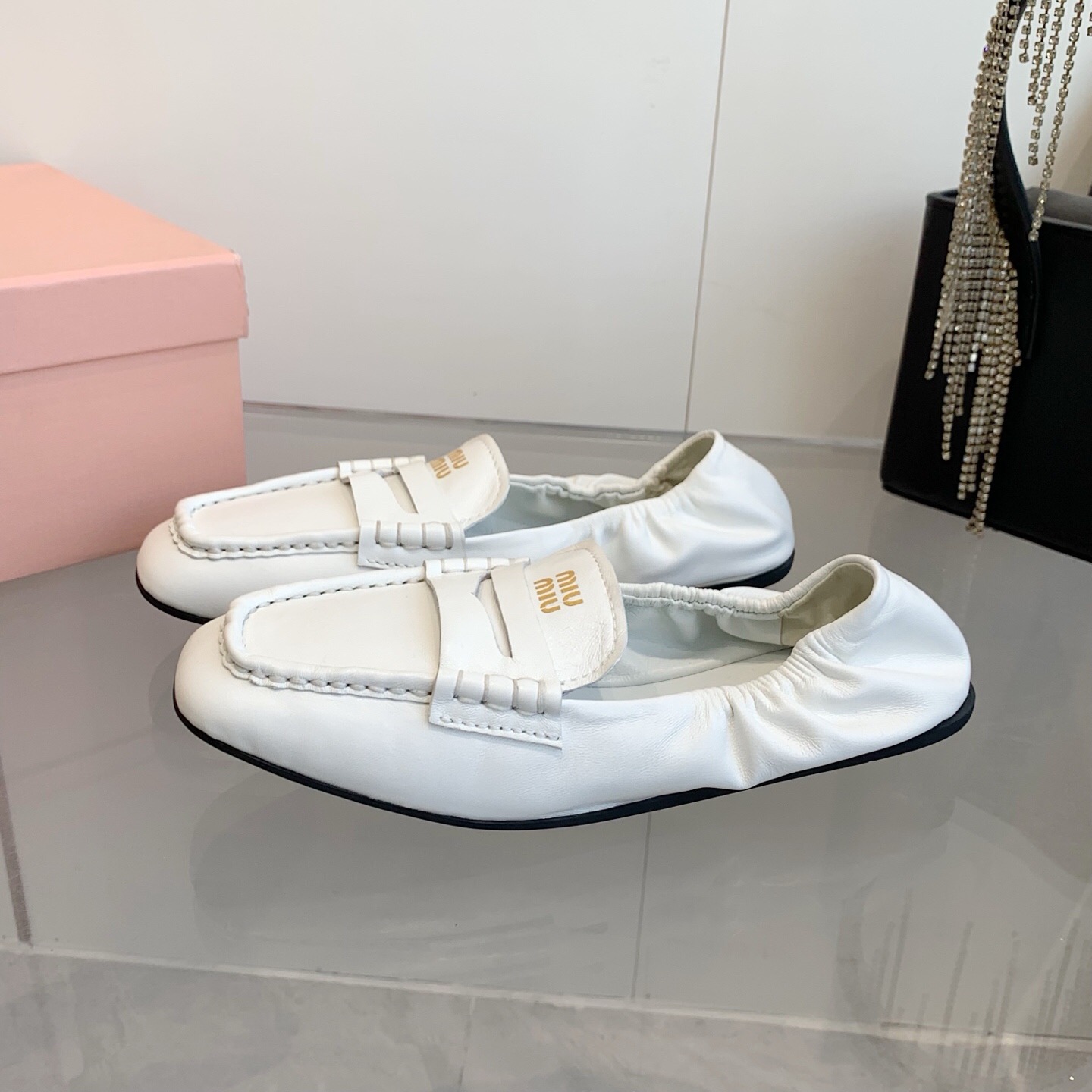 2025 Women Miu Miu White Leather Loafers