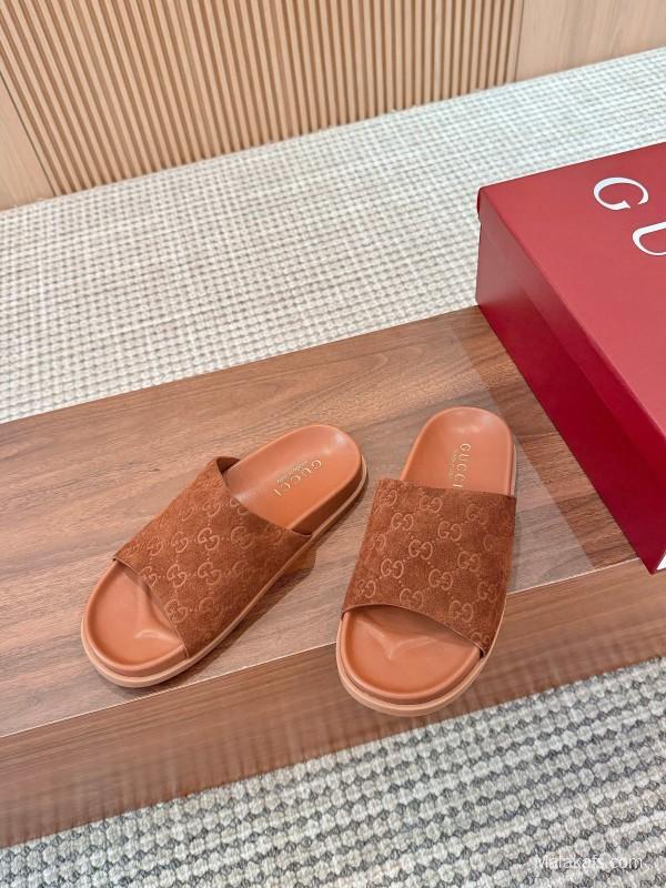 2025 Women Gucci Brown Suede Leather Slippers