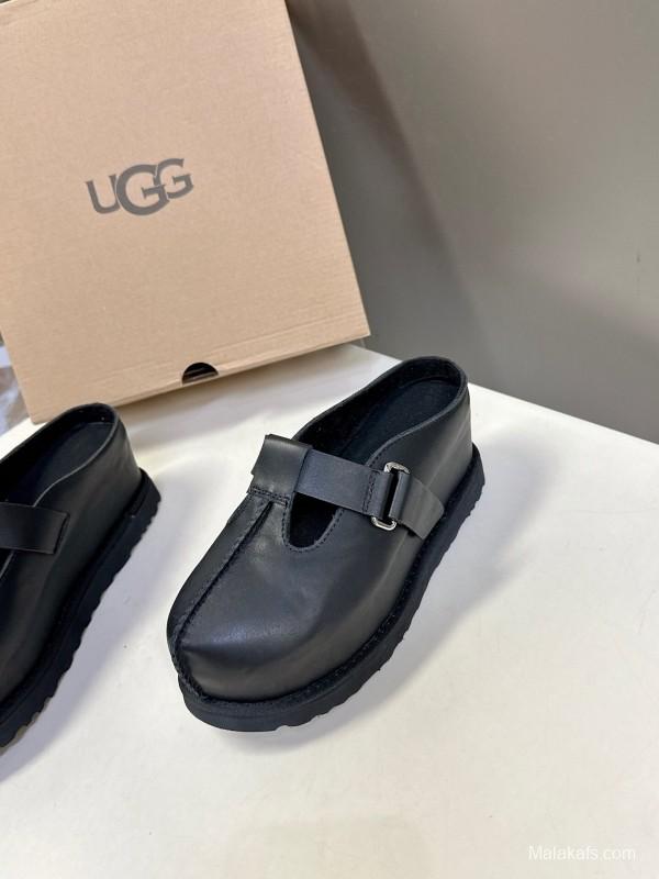 2025 UGG Black Leather Slippers KFY00230
