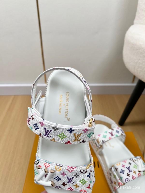 2025 Women Louis Vuitton White Multicolor Leather Sandals KFY00280