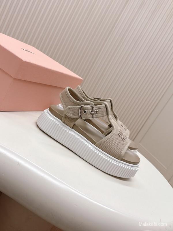 2025 Women Miu Miu Beige Canvas Sandals Buckle LY00360