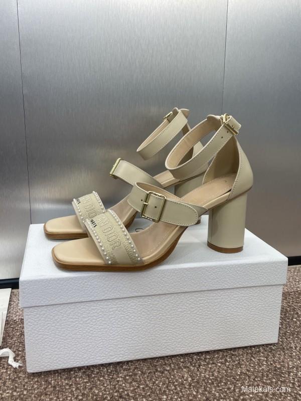2025 Women Dior Beige Leather Embroidered Sandals