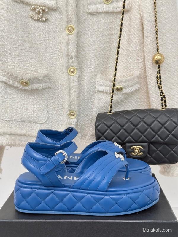 2025 Women Chanel Blue Leather Platform Sandals