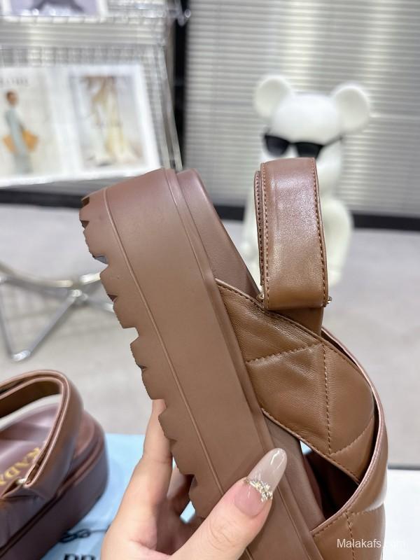 2025 Women Prada Brown Leather Sandal