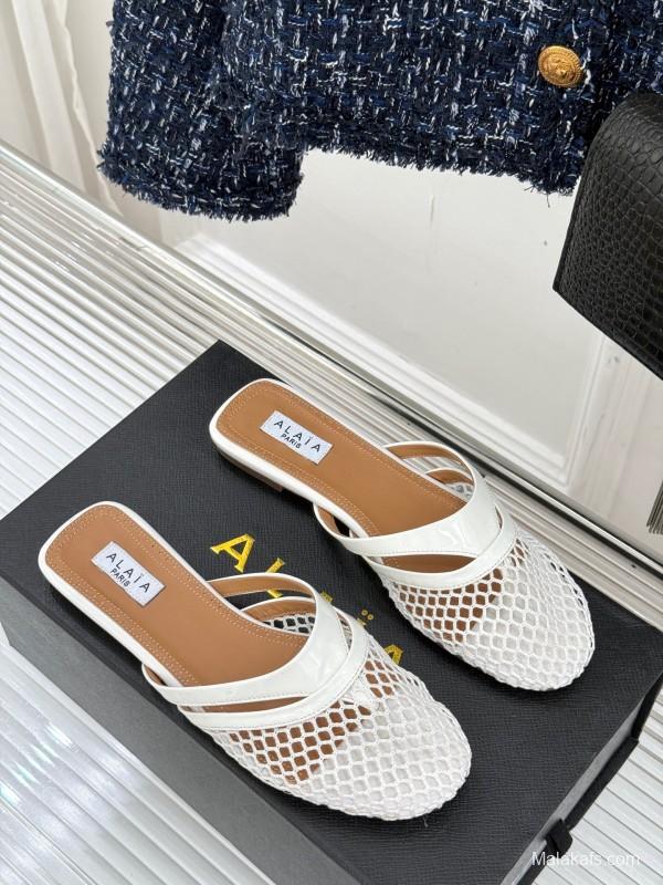 2025 Slippers AlAIA White Leather Mesh Flat Shoes