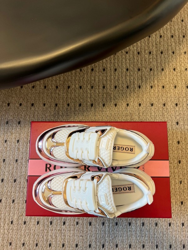 2025 Women Roger Vivier White Pink Leather Mesh Sneakers KFY00380