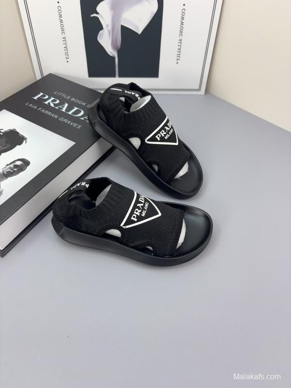 2025 Kids PRADA Black White Fabric Sandals