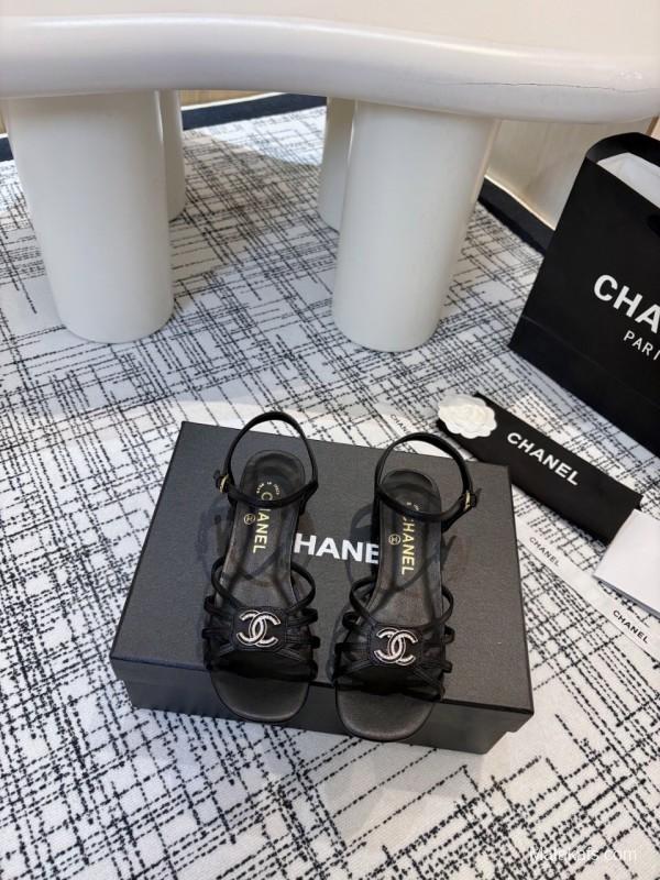 2025 Women Chanel Black Leather Sandals LY00270
