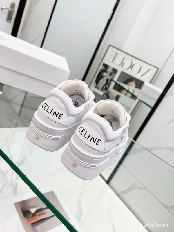 2025 Women Celine White Leather Platform Sneakers Embossed KFY00270