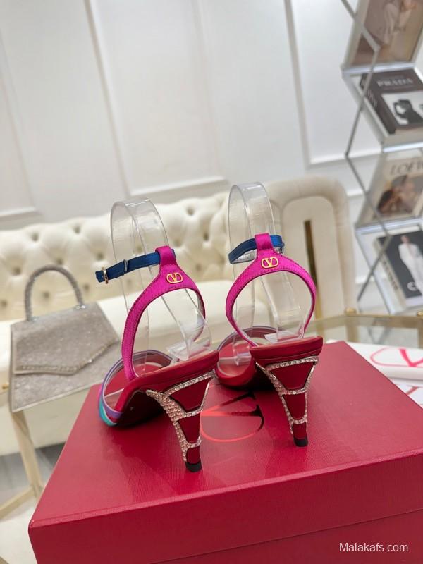 2025 Women Valentino Red Blue Green Pink Leather Suede High Heel Sandals LY00310