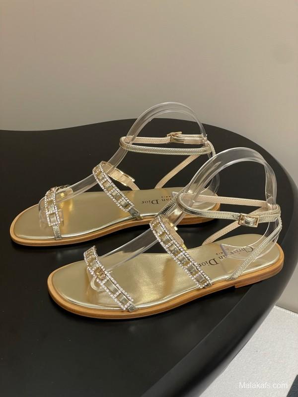 2025 Women Dior Gold Leather Sandals Crystal Embellishment
