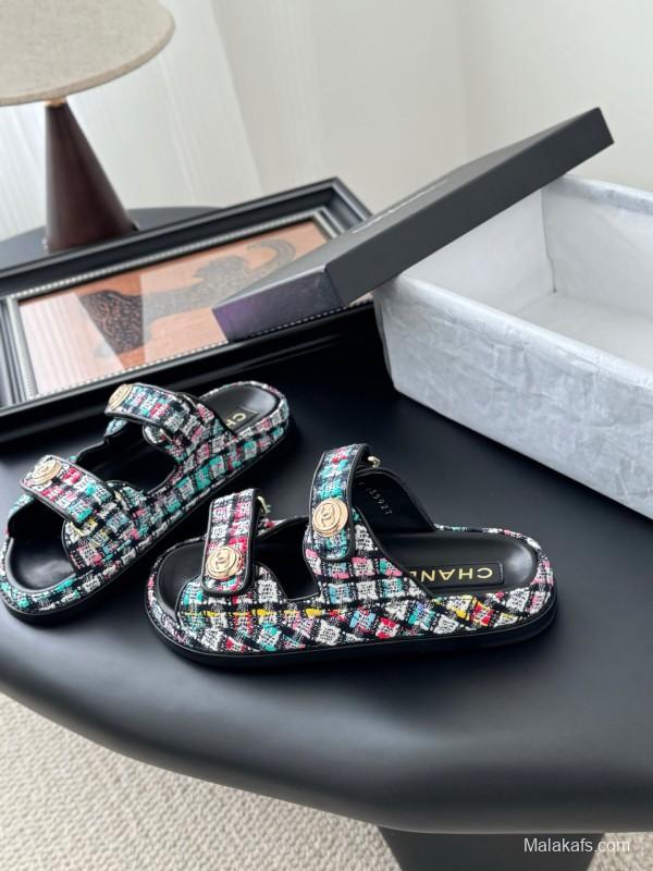 2025 Women Chanel Multi Color Fabric Leather Sandals LY00310