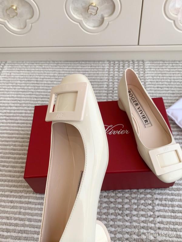 2025 Women Roger Vivier White Patent Leather Pumps Square Buckle