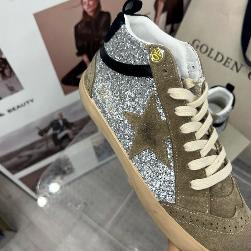 2024 Unisex Golden Goose Deluxe Brand Grey Silver Glitter Suede Leather High-Top Sneakers MJ00300