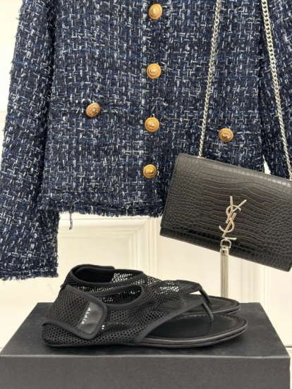 2025 Women YSL Black Mesh Sandals