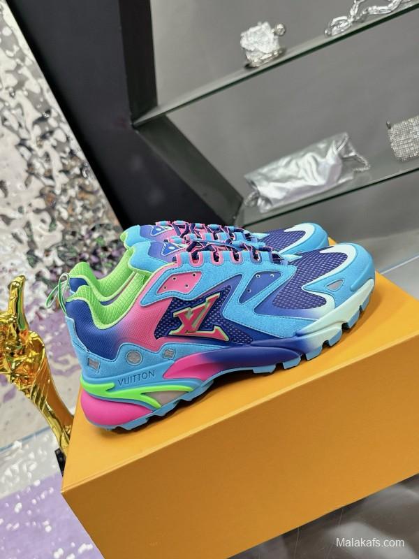 2025 Men Louis Vuitton Blue Pink Green Mesh Leather Sneakers MJ00420