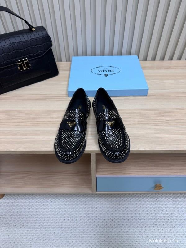 2025 Women Prada Black Leather Loafers Studded LY00340