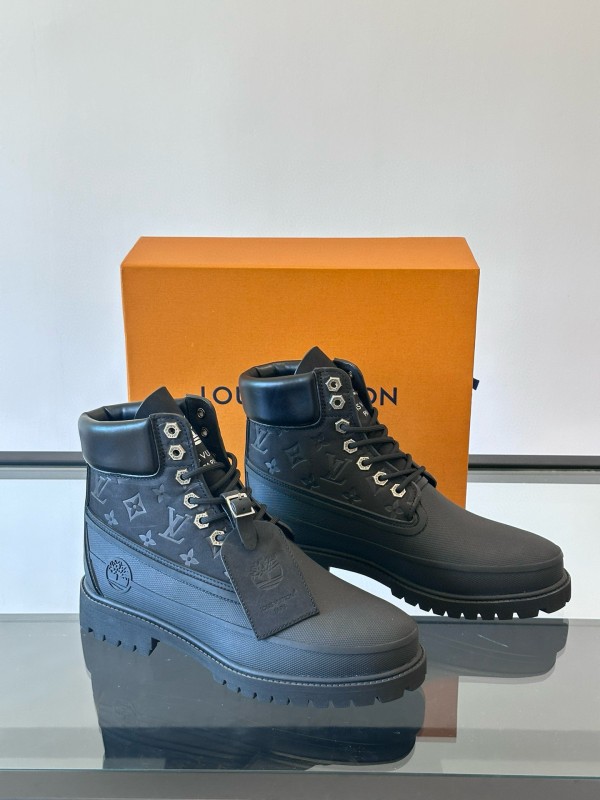 2024 Men Louis Vuitton Black Leather Monogram Work Boots MJ00390