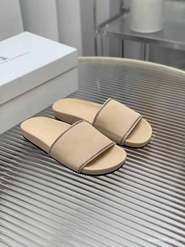 2025 Women Brunello Cucinelli Beige Suede Flat Slide Sandals Handmade Detailing KFY00240 (F)