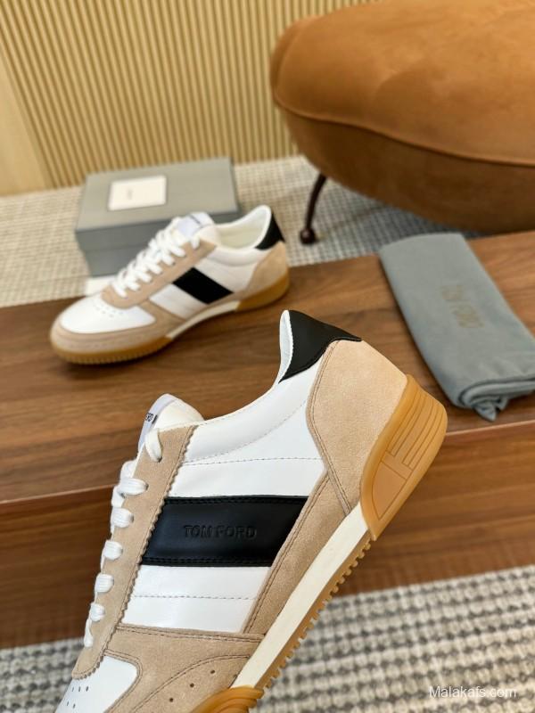 2025 Unisex TOM FORD White Black Beige Leather Suede Sneakers LY00360