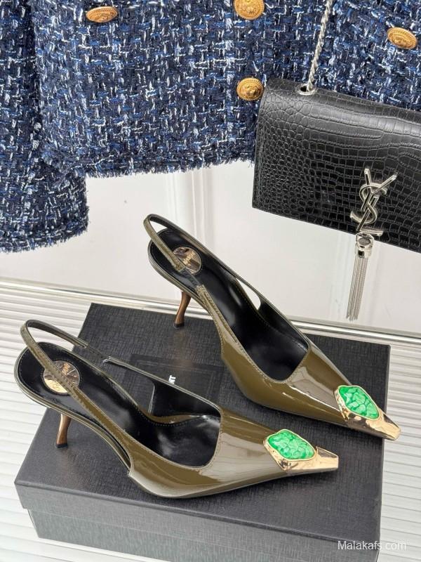 2024 Women Yves Saint Laurent Olive Green Gold Calf Leather Slingback Gemstone High Heels MJ00330