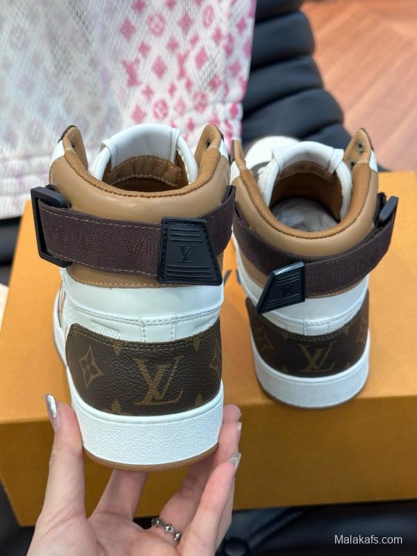 2024 Men Louis Vuitton White Brown Leather High Top Sneakers MJ00420