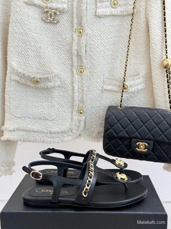 2025 Women Chanel Black Leather Sandals KFY00250