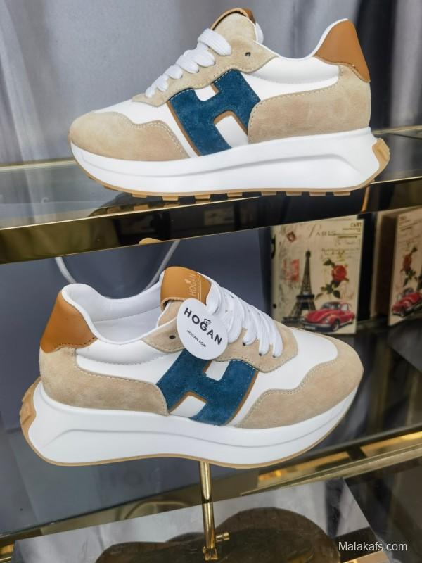 2025 Unisex HOGAN White Beige Blue Leather Suede Platform Sneakers H-STRIPES LY00360(F)/LY00370(M)