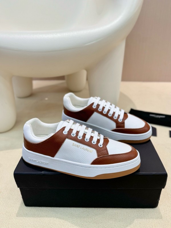 2024 Unisex Yves Saint Laurent White Brown Leather Canvas Sneakers MJ00350