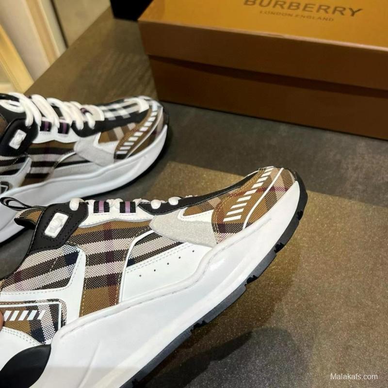 2025 Unisex Burberry Brown White Black Cotton Calfskin Suede Sneakers Check MJ00380(W/M)