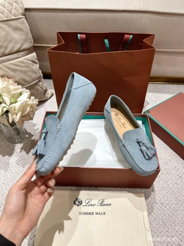 2025 Women Le Parmentier Blue Suede Loafers Tassel LY00291