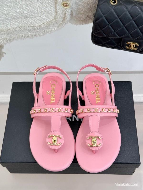 2025 Women Chanel Pink Lambskin Sandals CC Logo KFY00250