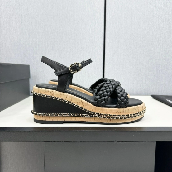 2025 Women Chanel Black Leather Braided Wedge Sandals