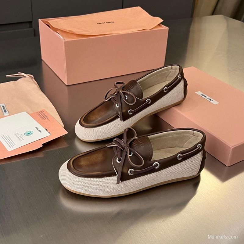 2025 Women Miu Miu Brown Beige Leather Canvas Loafers LY00230