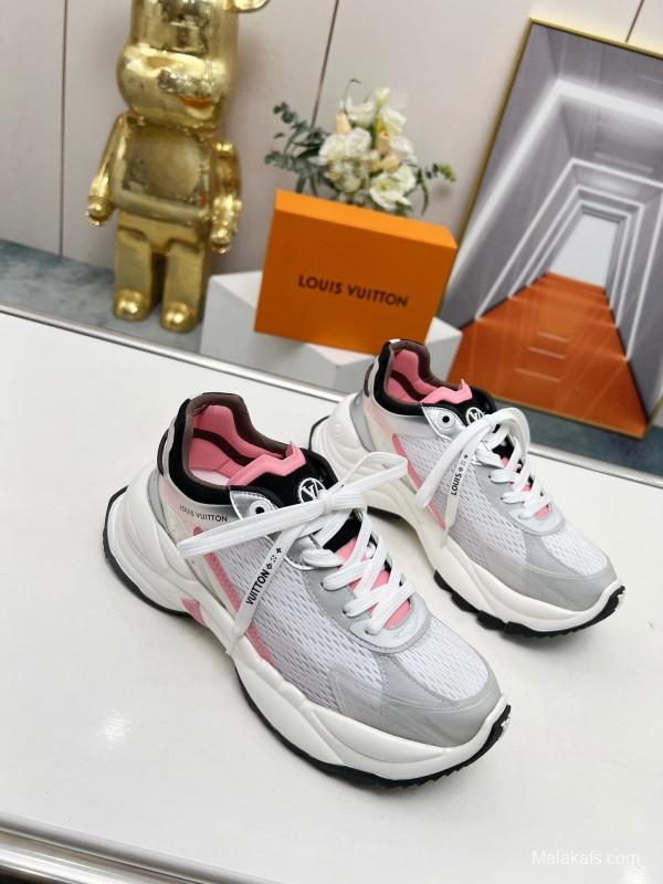 2025 Unisex Louis Vuitton White Pink Mesh Leather Sneakers Monogram LY00340