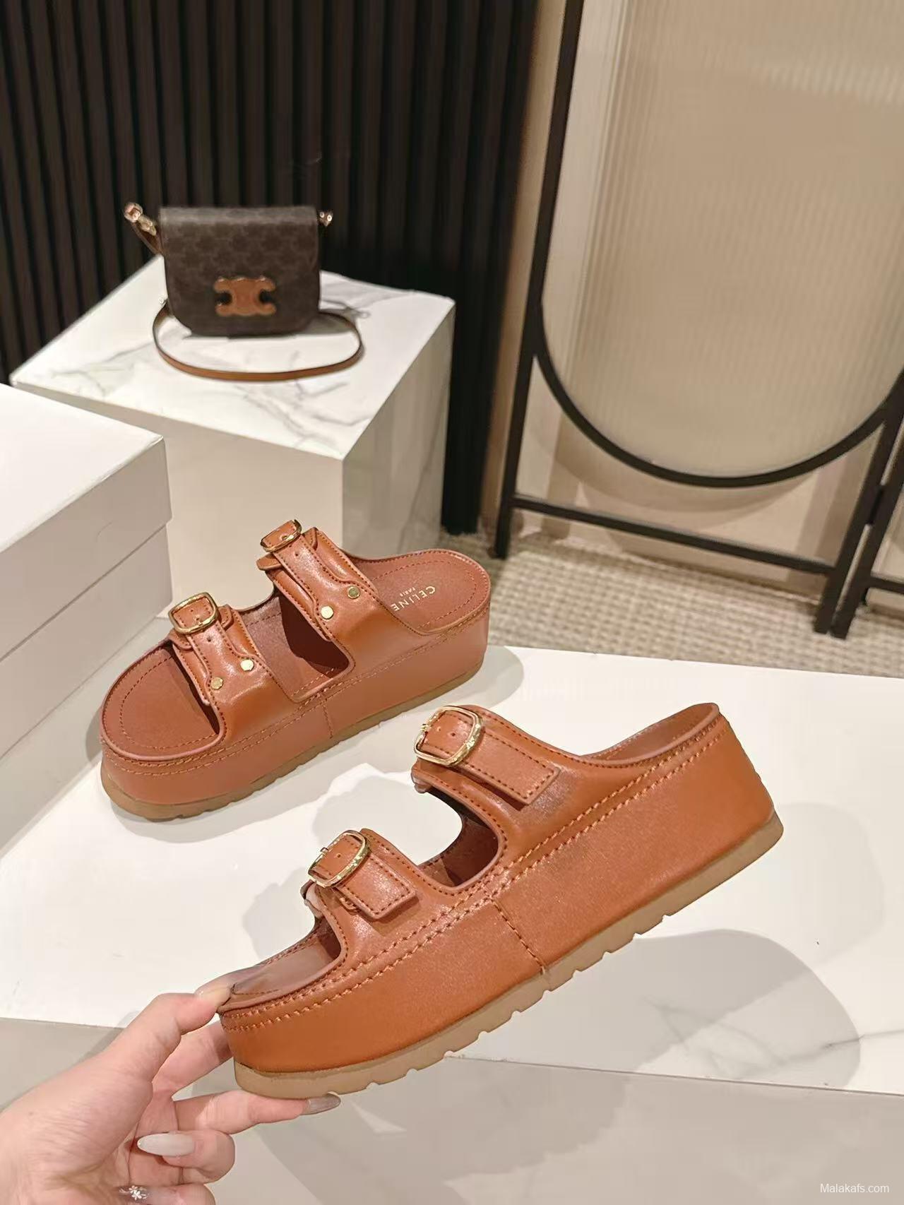 2025 Women Celine Brown Leather Platform Sandals LY00300