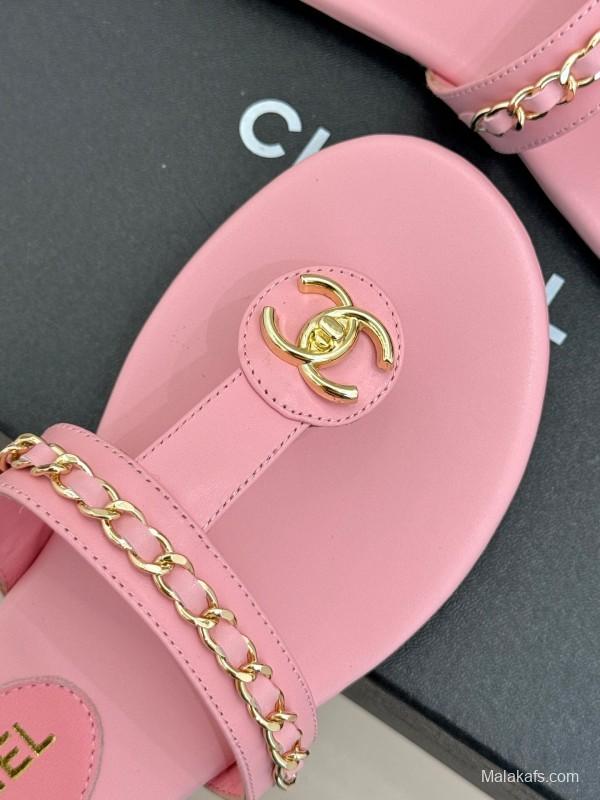 2025 Women Chanel Pink Lambskin Chain Toe Ring Sandals