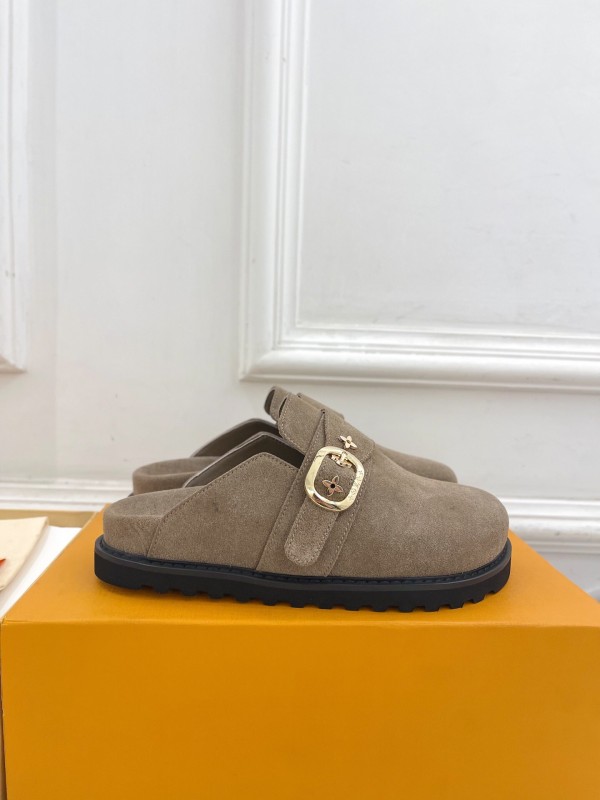2025 Women Louis Vuitton Brown Suede Slippers Flower Buckle KFY00300