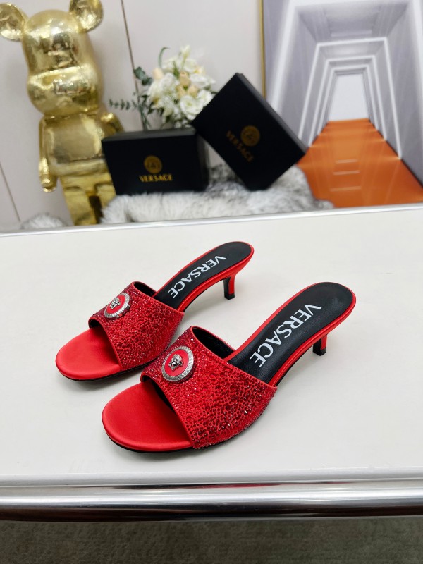2025 Women VERSACE Red Silk Rhinestone Kitten Heel MJ00230