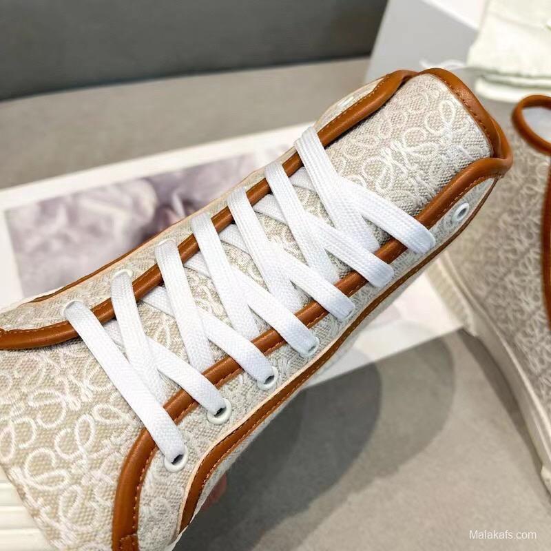 2025 Women Loewe White Brown Canvas High-top Sneakers LY00420