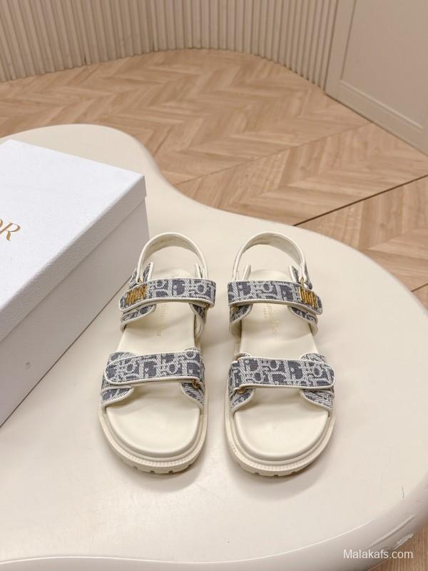 2025 Women Dior Gray White Jacquard Fabric Sandals LY