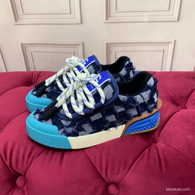 2024 Unisex Dolce & Gabbana Blue Black Canvas Leather Sneakers
