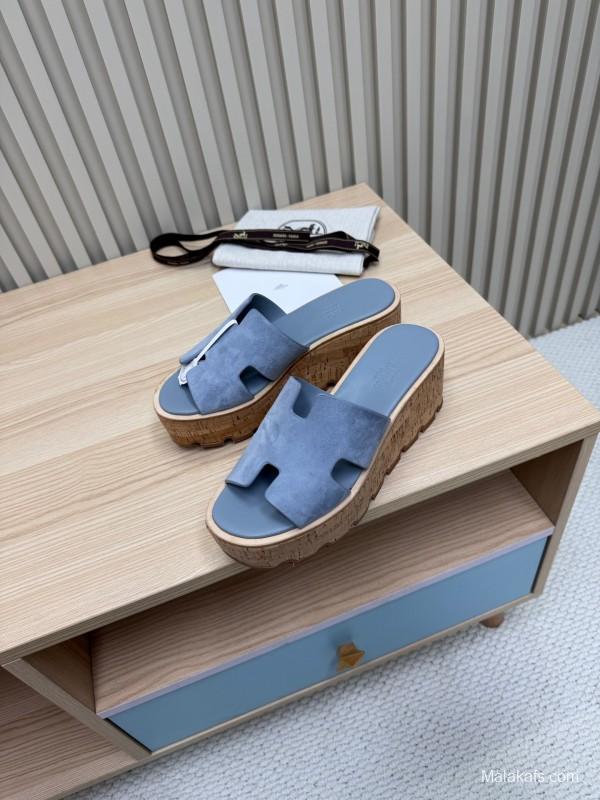 2025 Women Hermès Blue Suede Slippers
