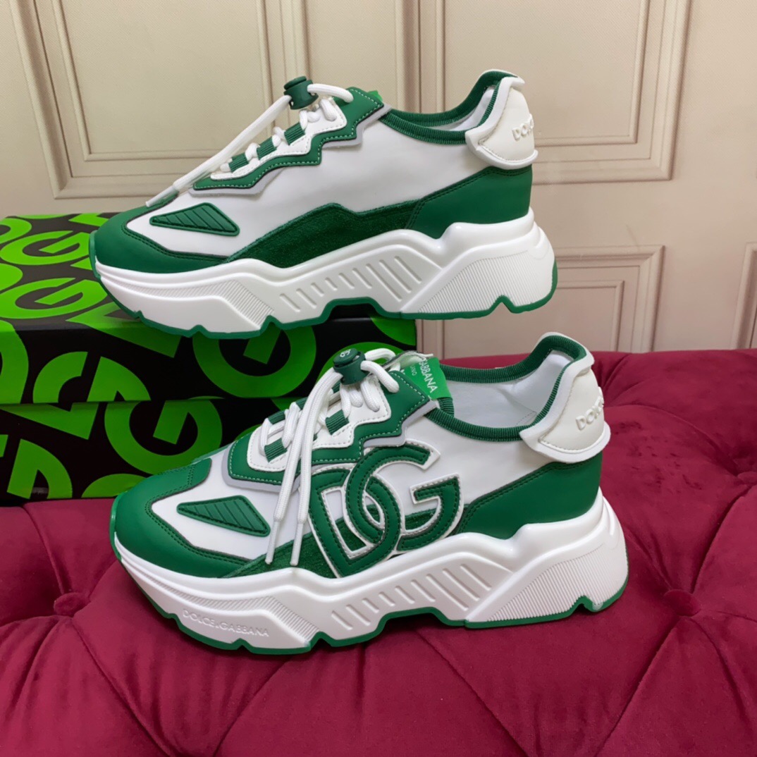 2025 Unisex Dolce & Gabbana Green White Leather Lycra Sneakers DG LY00330(F)/LY00340(M)