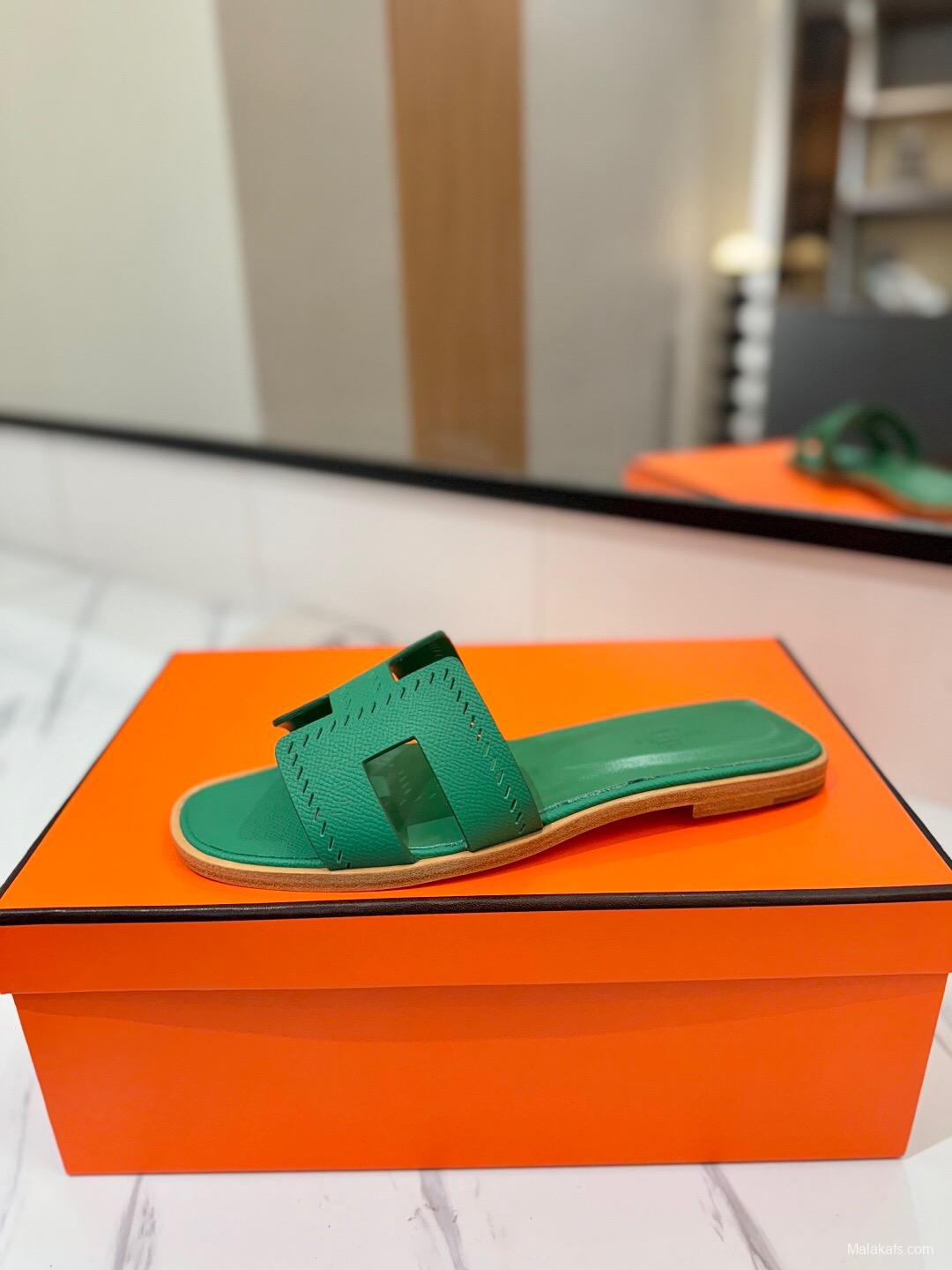 2025 Women Hermès Green Leather Slippers