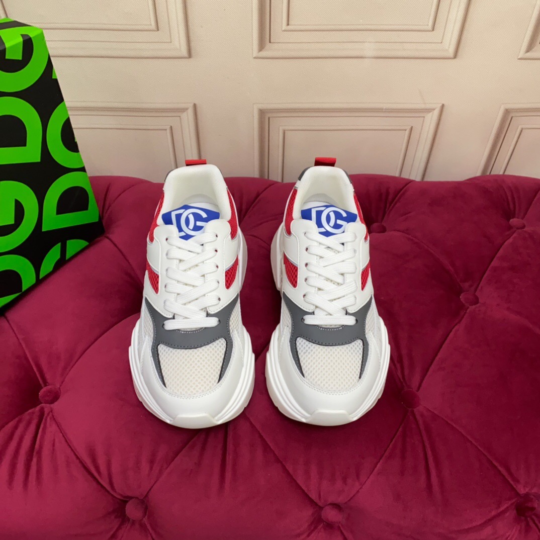 2025 Unisex Dolce & Gabbana White Red Blue Leather Mesh Sneakers LY00330(F)/LY00340(M)