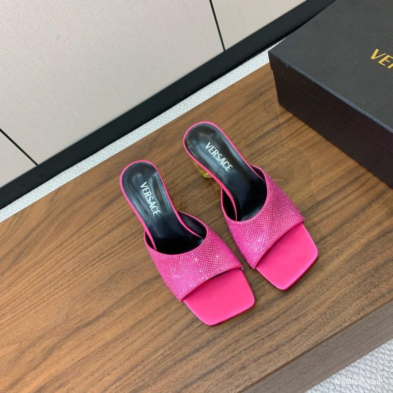 2025 Women VERSACE Pink Silk Leather Mules Crystal Embellishment KFY00300